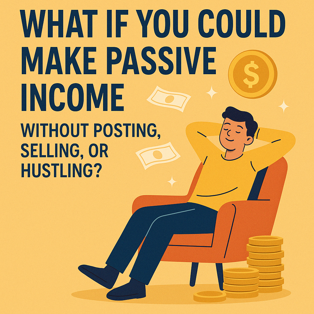 Relaxed man earning passive income without posting, selling, or hustling. Visual representation of effortless money-making with stacks of gold coins and floating cash.