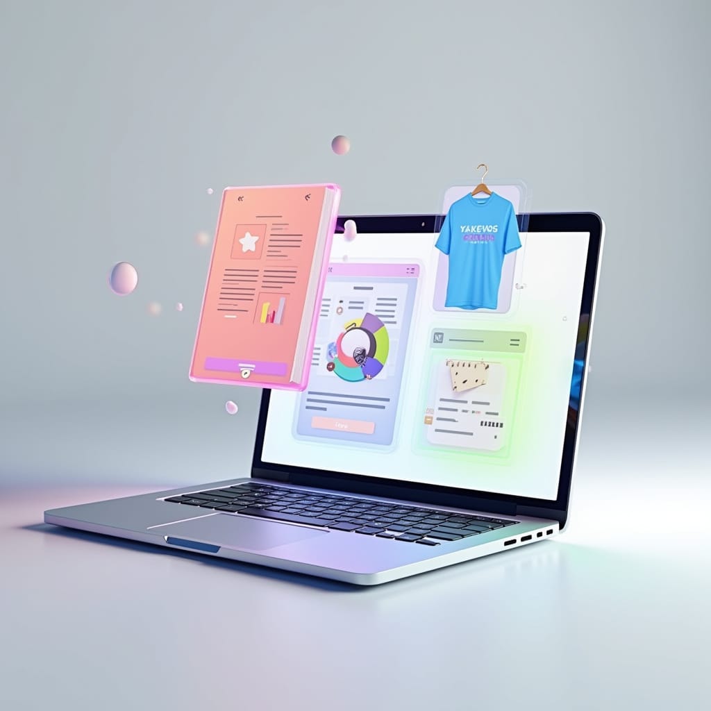 No‑code side hustles workspace: laptop displaying icons for ebook creation, print‑on‑demand T‑shirts, landing pages, and email marketing.