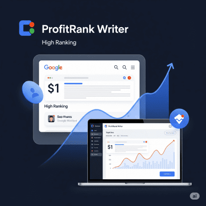 ProfitRank Writer software interface showing Google ranking and growth charts.