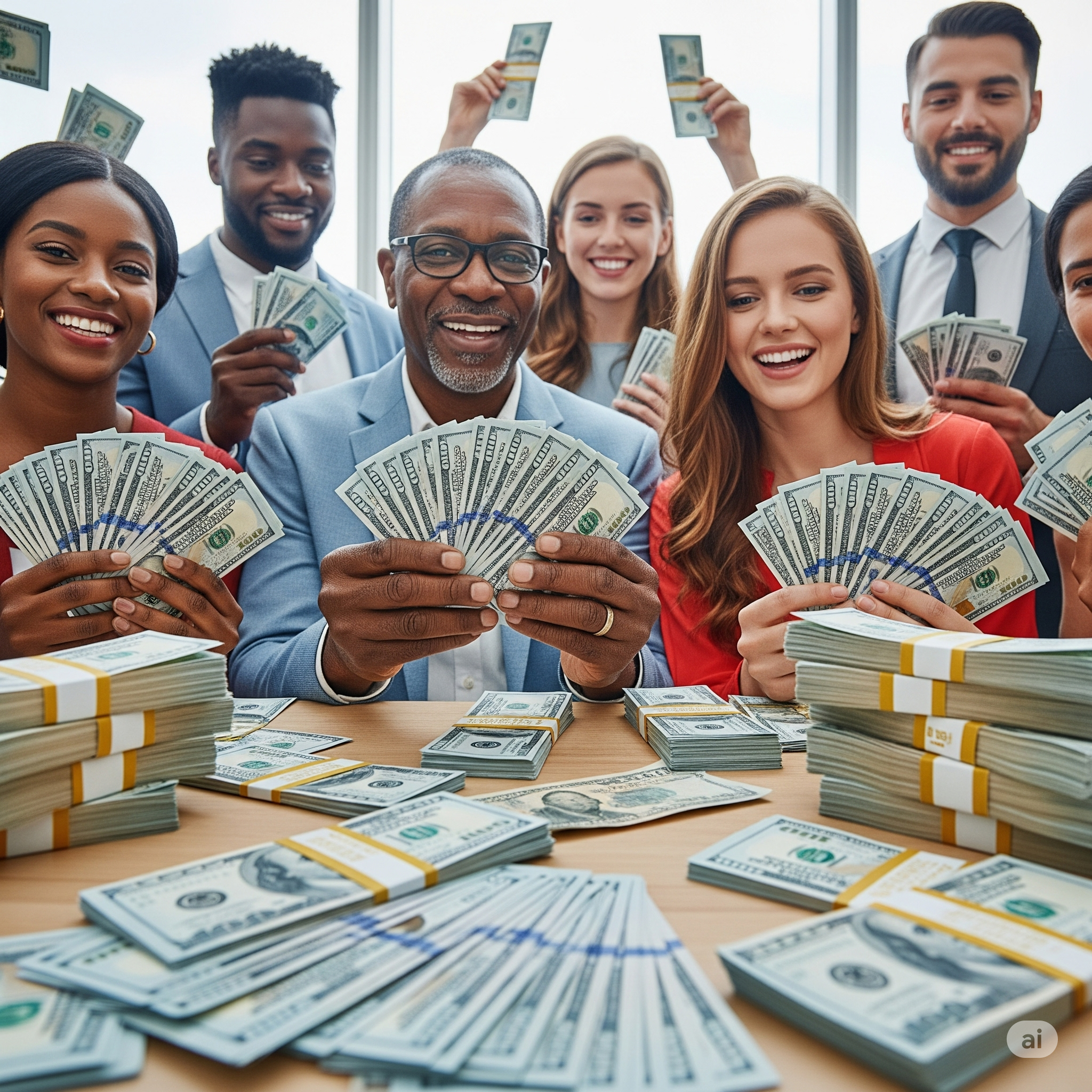 A group of diverse people, including a middle-aged African American man and a young white woman, surrounded by stacks of cash, with expressions of joy and excitement.